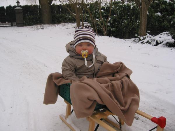 Merijn op de slee in de sneeuw., geplaatst door mama Lizanne op 2005-03-04