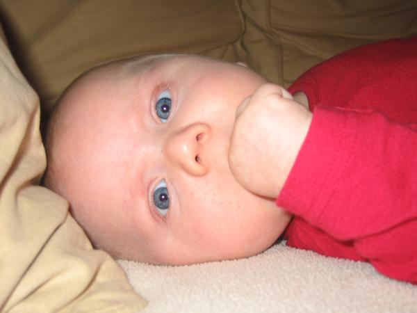 Jesse op zn handje aan het zuigen., geplaatst door mama Lizanne op 2005-11-15