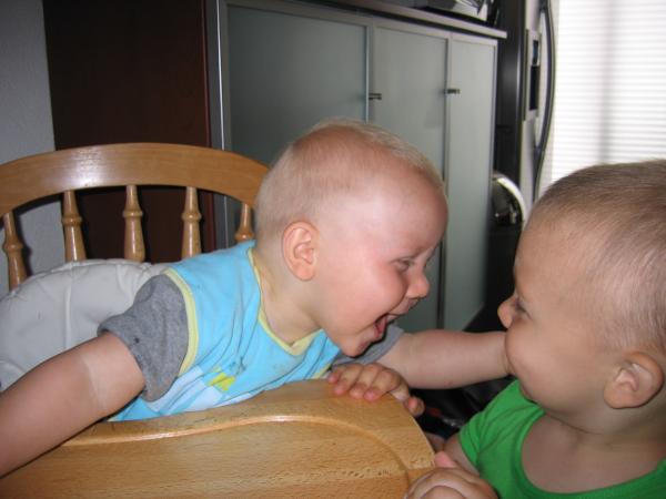 Jesse en Merijn samen neuzen., geplaatst door mama Lizanne op 2006-07-05